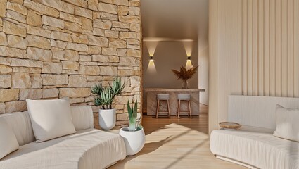Tranquil Interior Scene: A cozy interior space, showcasing a seamless blend of modern and natural elements, with a focus on comfort and elegant design. 