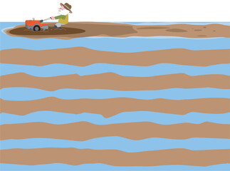 水田の土起こしをしている農業の背景イラストです。