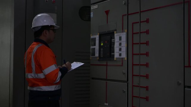Electrical engineers and technicians work together to solve electrical system failures in industrial control rooms.supervisor maintains the circuit cabinet.