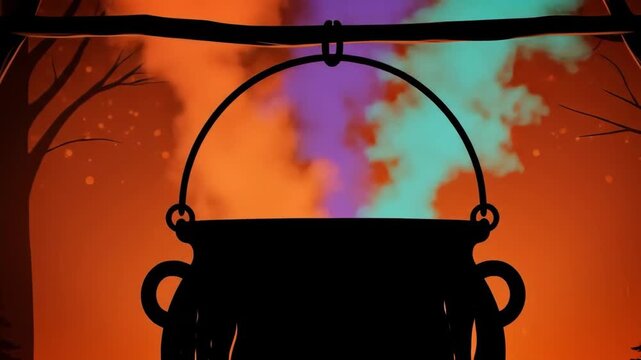Mystical Cauldron Brewing Potion Over Campfire - A silhouette of a cauldron hangs over a crackling campfire in a dark forest, emitting colorful mystical smoke.