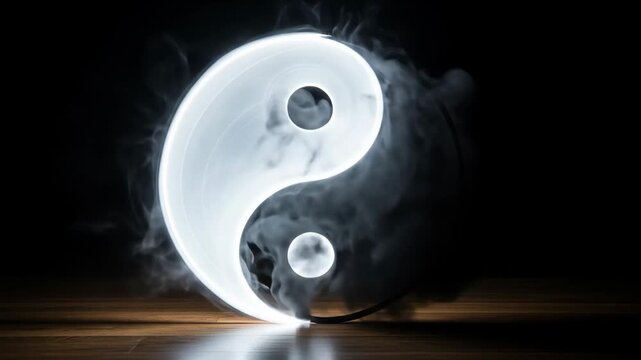 Glowing Yin Yang Symbol in Smoke - A luminous Yin Yang symbol is depicted in the center of the frame, surrounded by swirling smoke against a dark background.