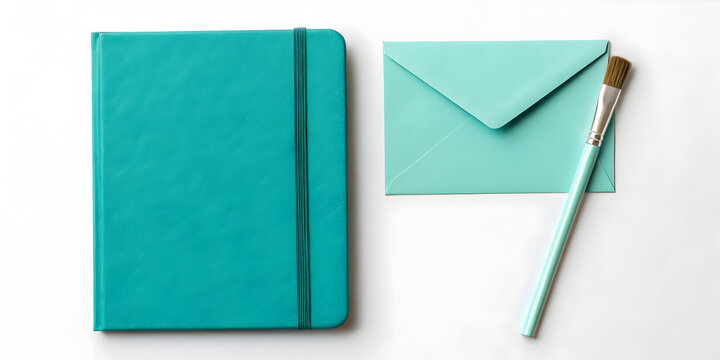 teal notebook envelope brush flat lay white background