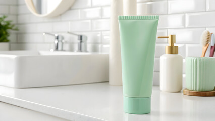 pastel green toothpaste tube mockup bright bathroom