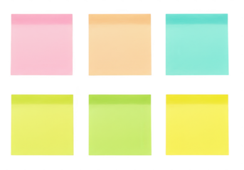 Six colorful sticky notes in pink orange teal yellow lime green and light green arranged in two rows on a transparent background