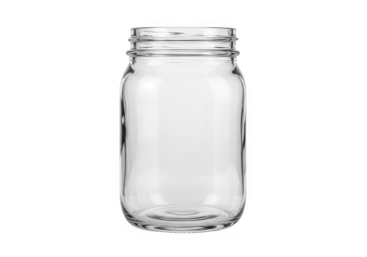 A clear empty glass mason jar with a threaded rim isolated on a transparent background ready for use