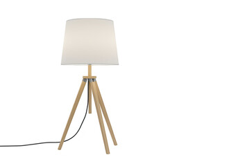 Modern tripod floor lamp with white shade and natural wood legs isolated on a clean transparent background for interior design