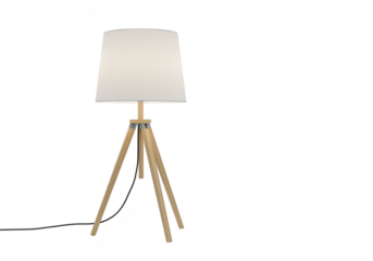 Modern tripod floor lamp with white shade and natural wood legs isolated on a clean transparent background for interior design