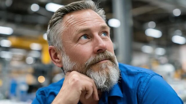 Contemplative Glance: A seasoned, middle-aged man, with a thoughtful expression and serene gaze, lost in contemplation within an industrial environment.