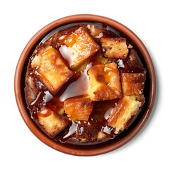 Bread Pudding with Caramel Sauce in a Ceramic Bowl