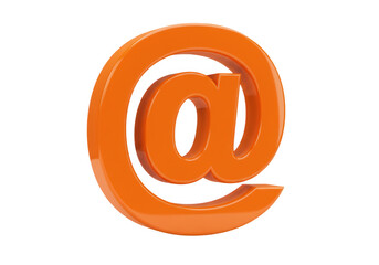 A shiny orange at symbol representing email or internet rendered in 3d and isolated on a transparent background