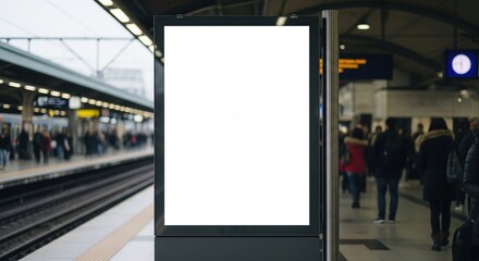 Blank Digital Billboard on a Busy Train Station Platform with Out-of-Focus Commuters