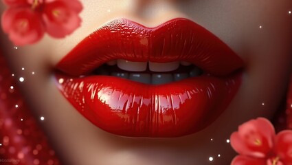  Glossy red lips with sparkles surrounded by red roses, glamorous beauty makeup closeup with romantic Valentine's Day atmosphere