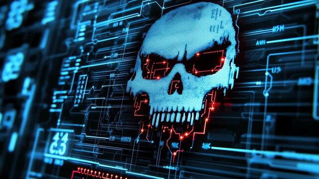 Cyber skull digital hacking concept with glowing red circuit lines and blue futuristic interface design showcasing cybersecurity technology threat