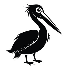 Stylized Silhouette of a Pelican with Prominent Beak and Distinct Feather Details Standing Against a White Background