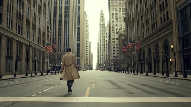 Man walking empty city street with tall buildings and American flags cloudy day creating calm urban atmosphere and person walking left side wearing