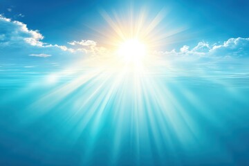Brilliant sun rays shine over a calm blue ocean under a clear sky with scattered clouds, creating a peaceful and uplifting scene