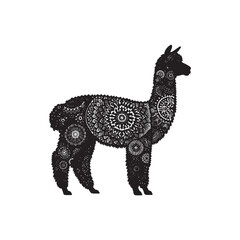 Fototapeta premium Boho Alpaca Silhouette with Tribal Feathers and Crescent Moons Vector Isolated on White for Bohemian Decor and Craft Designs