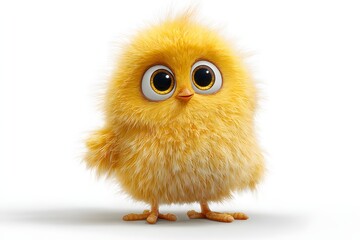 Obraz premium Cute Yellow Fluffy Baby Chick with Large Eyes Standing on White Background