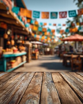 Weathered Wooden Surface with Blurred Festive Market Background