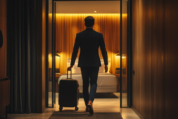 Fototapeta premium Young adult Caucasian man entering hotel room pulling suitcase, walking toward bed in modern interior, business traveler arriving for stay, back view emphasizing hospitality service