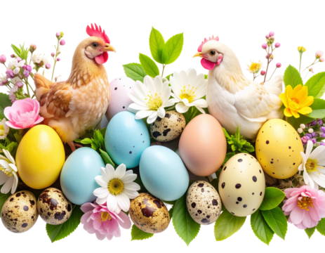  Easter Banner with Chicken and Quail Easter Eggs, Transparent Background PNG