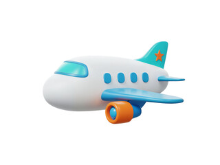 Obraz premium Cute cartoon airplane with blue wings and orange engine isolated on transparent background for travel and aviation themes
