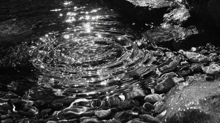 Sparkling ripples spread across shallow water, amidst dark rocks, in grayscale
