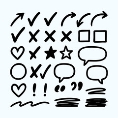 Hand drawn doodle symbols set. Vector checkmarks, crosses, arrows, hearts.