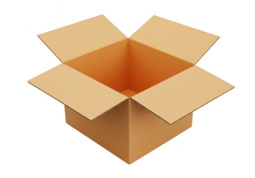 An open empty cardboard box with flaps extended upwards isolated on a clean transparent background ready for packing or shipping