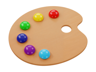 Artist s wooden palette with colorful paint blobs in circular indentations isolated on transparent background