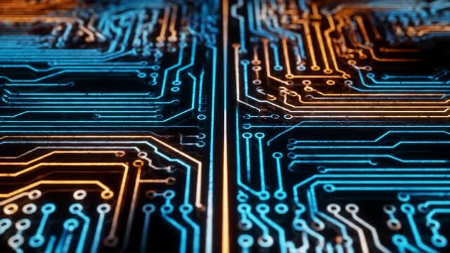 Circuit board closeup with glowing blue and orange traces on a dark background, displaying complex network patterns