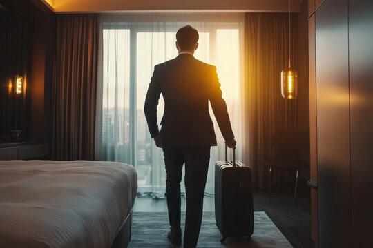 Caucasian young adult man walking toward window in hotel room holding suitcase, business traveler arriving or departing, sunlight streaming through curtains, hotel service concept - Powered by Adobe
