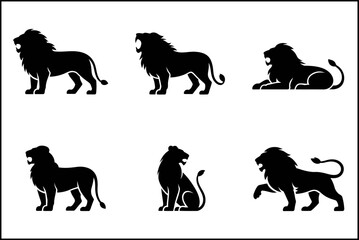 Lion silhouette vector set, standing and walking lions, powerful animal collection, unique black design illustration