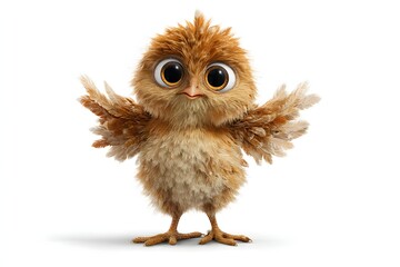 Naklejka premium Cute Brown Feathery Owl with Big Eyes Standing on White Background