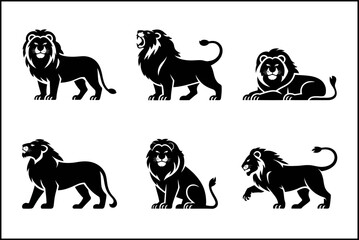 Lion silhouette collection, roaring and resting lions, majestic animal set, unique vector design illustration