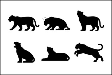 Wild cat silhouette vector set, walking and sitting big cats, creative animal collection, unique black design illustration
