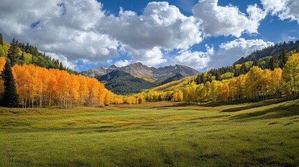 Golden Aspen Valley in Autumn Mountains.