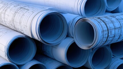 Rolled blueprints stacked together, showcasing detailed architectural plans in a workspace
