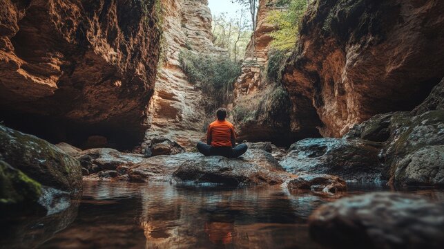 Man meditates in a serene canyon.