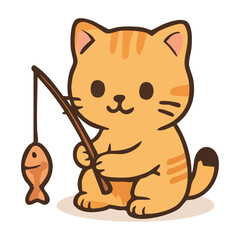 Charming cartoon ginger tabby kitten holding a fishing pole with a fish on the line.
