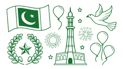 Vector illustration of Minar-e-Pakistan, Badshahi Mosque, Independence Day balloons, and patriotic badges in green-white theme &mdash; cultural symbols of Pakistan.

