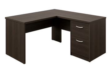 Modern L-Shaped Wooden Office Desk with Drawers Isolated on Transparent Background
