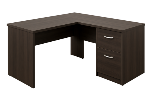 Modern L-Shaped Wooden Office Desk with Drawers Isolated on Transparent Background