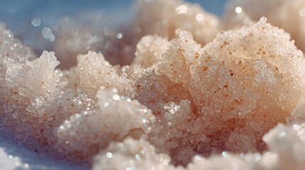 Close Up Macro Shot of Sparkling Pink Salt Crystals with Tiny Bubbles and Soft Defocused Blue Background