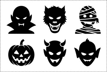 Vampire werewolf mummy pumpkin silhouette set, Halloween monster face collection, creative spooky vector design