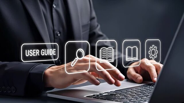 Businessperson typing on a laptop with floating user guide and manual icons in a digital interface. Concept of online help, software instructions and technical documentation
