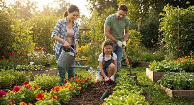 Family gardening in a sunny garden
