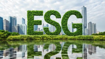 Environmental sustainability concept with green letters ESG made of leaves near water reflecting city skyline and ESG letters shaped from green