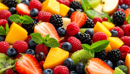 Colorful Assortment of Fresh Fruits and berries with mint, healthy vegan food