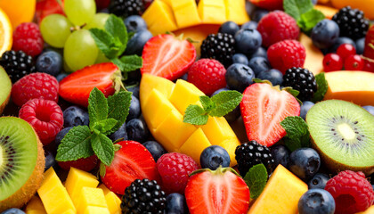 Colorful Assortment of Fresh Fruits and berries with mint, healthy vegan food